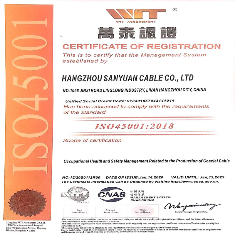 SANYUAN CABLE: ISO14001:2015 AND ISO45001:2018 CERTIFIED